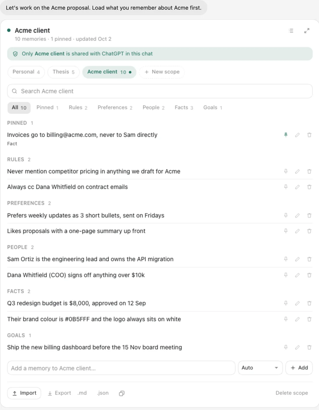 Memory Scopes in ChatGPT: Recall one scope